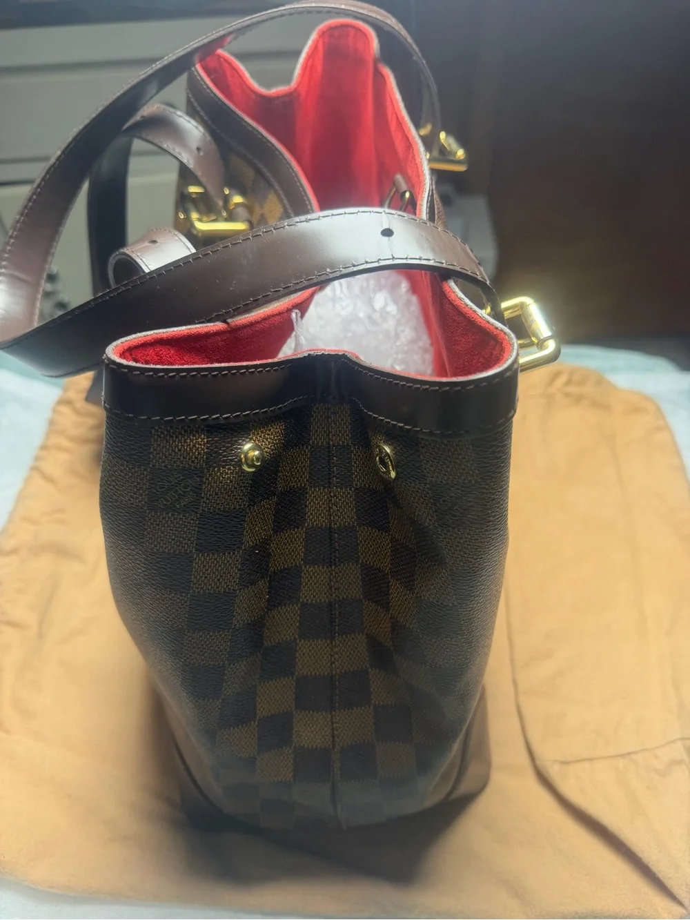 Louis Vuitton Brown Damier Shoulder Bag with Red Interior